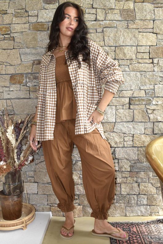 Nonni Gingham Peter Pan Smock Blouse Hazelnut