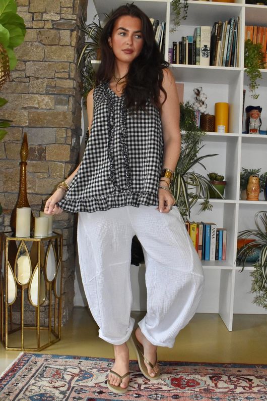 Nonni Gingham Ruffle Front Tank Black