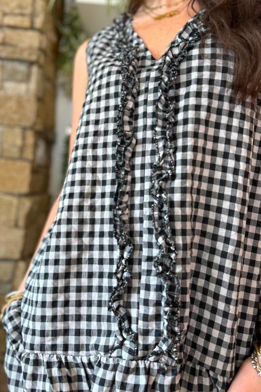 Nonni Gingham Ruffle Front Tank Black