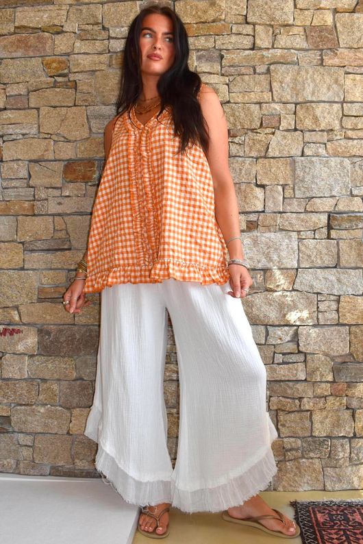 Nonni Gingham Ruffle Front Tank Carrot