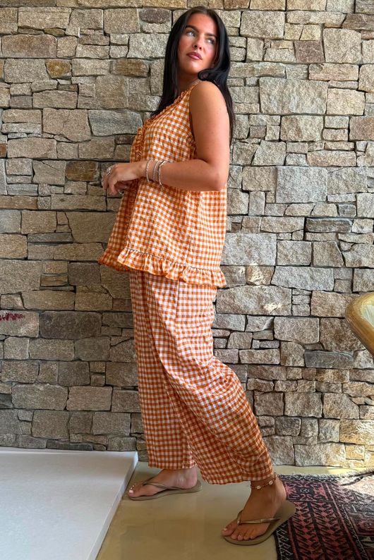 Nonni Gingham Ruffle Front Tank Carrot