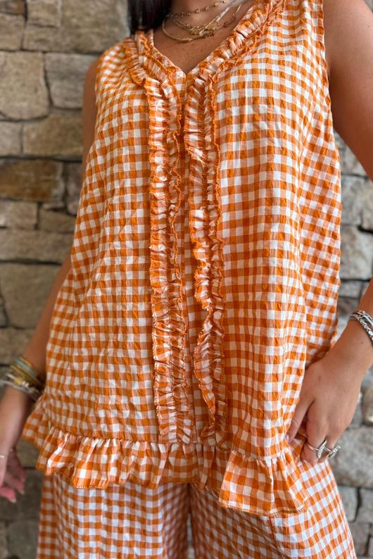 Nonni Gingham Ruffle Front Tank Carrot