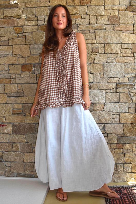 Nonni Gingham Ruffle Front Tank Chestnut