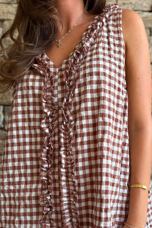 Nonni Gingham Ruffle Front Tank Chestnut