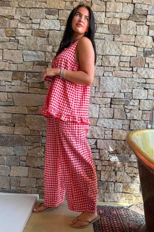 Nonni Gingham Ruffle Front Tank Chilli