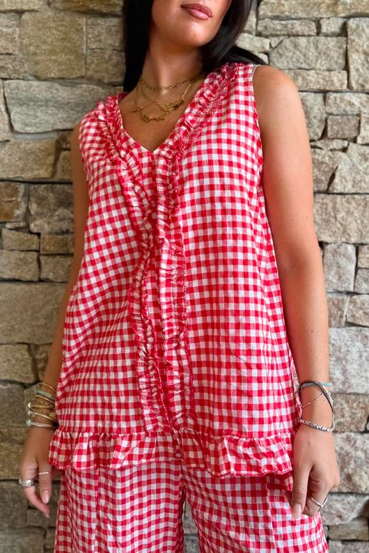 Nonni Gingham Ruffle Front Tank Chilli