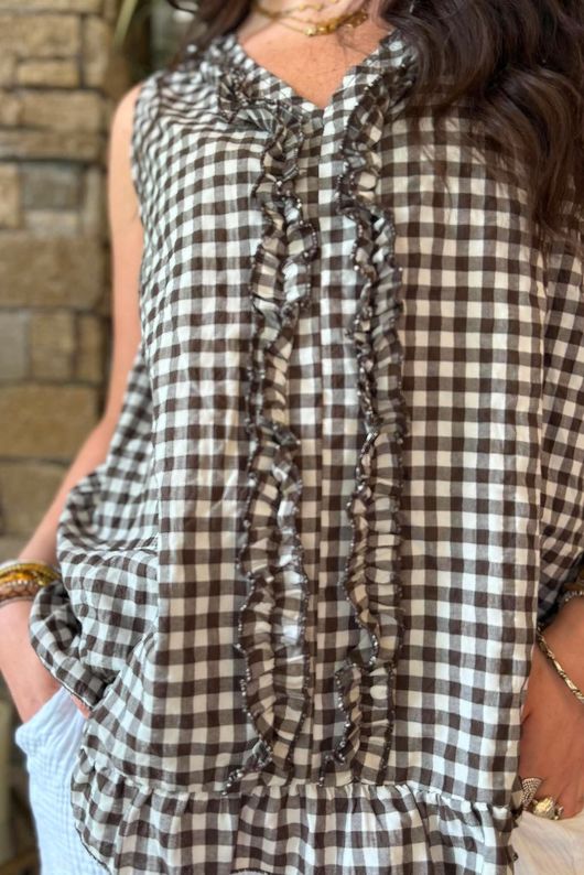 Nonni Gingham Ruffle Front Tank Chocolate