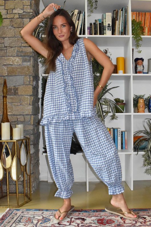 Nonni Gingham Ruffle Front Tank Denim