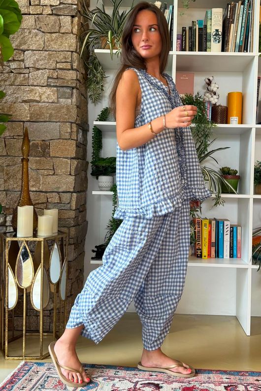 Nonni Gingham Ruffle Front Tank Denim