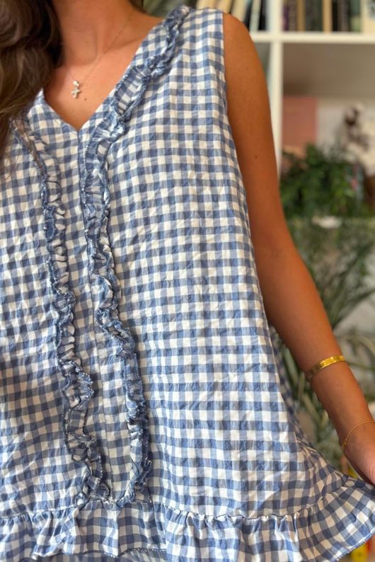 Nonni Gingham Ruffle Front Tank Denim