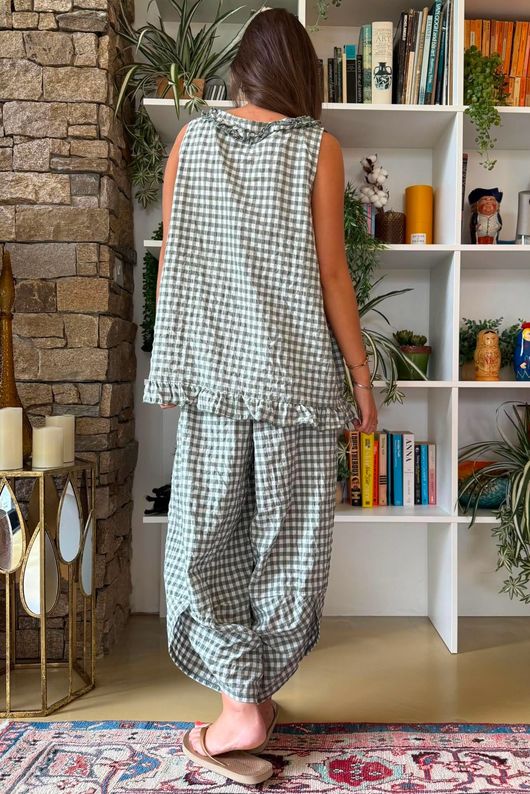 Nonni Gingham Ruffle Front Tank Khaki