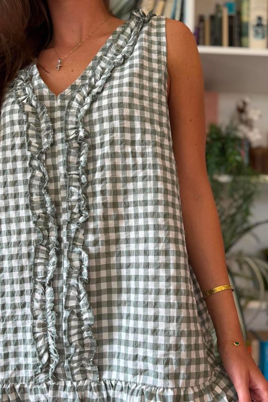 Nonni Gingham Ruffle Front Tank Khaki