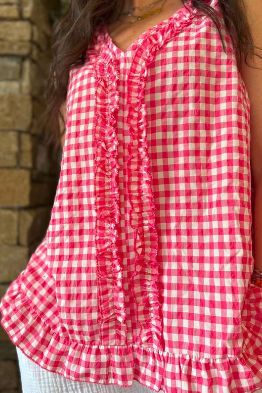 Nonni Gingham Ruffle Front Tank Miami Pink