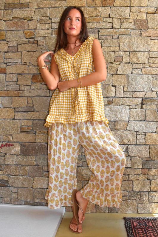 Nonni Gingham Ruffle Front Tank Mustard