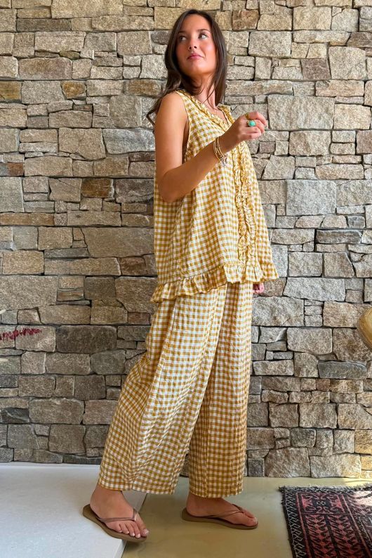 Nonni Gingham Ruffle Front Tank Mustard