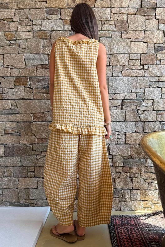 Nonni Gingham Ruffle Front Tank Mustard