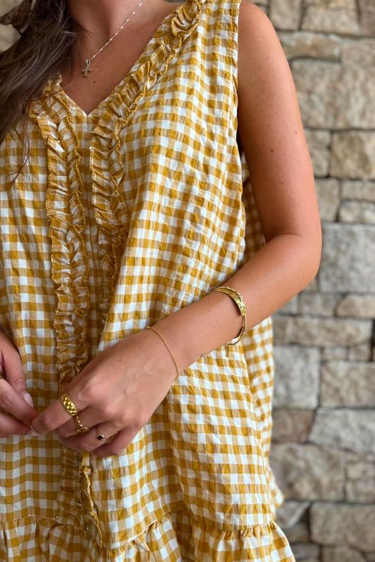 Nonni Gingham Ruffle Front Tank Mustard