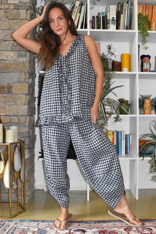 Nonni Gingham Ruffle Front Tank Navy