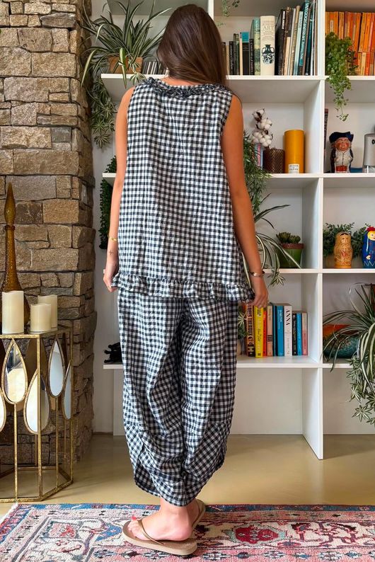 Nonni Gingham Ruffle Front Tank Navy
