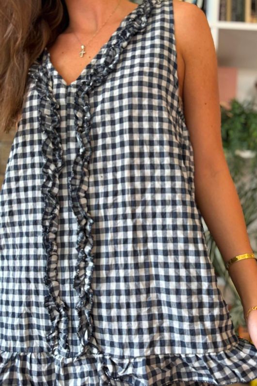 Nonni Gingham Ruffle Front Tank Navy