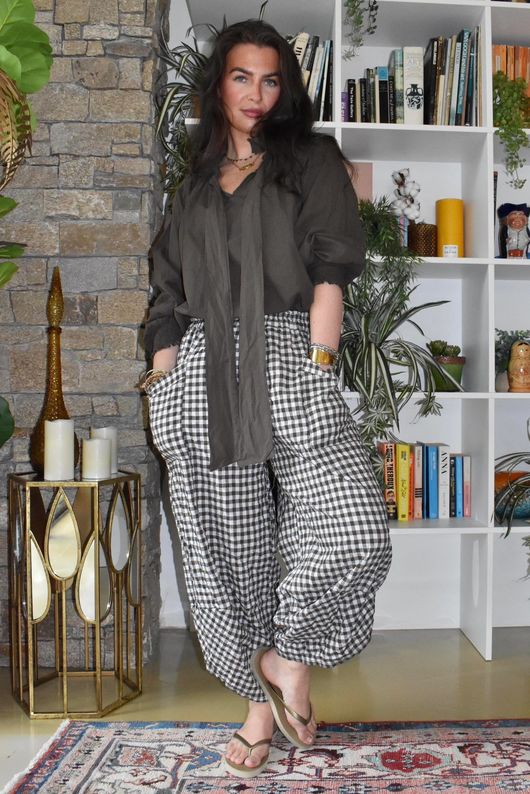 Nonni Gingham Shelby Barrel Pant Chocolate