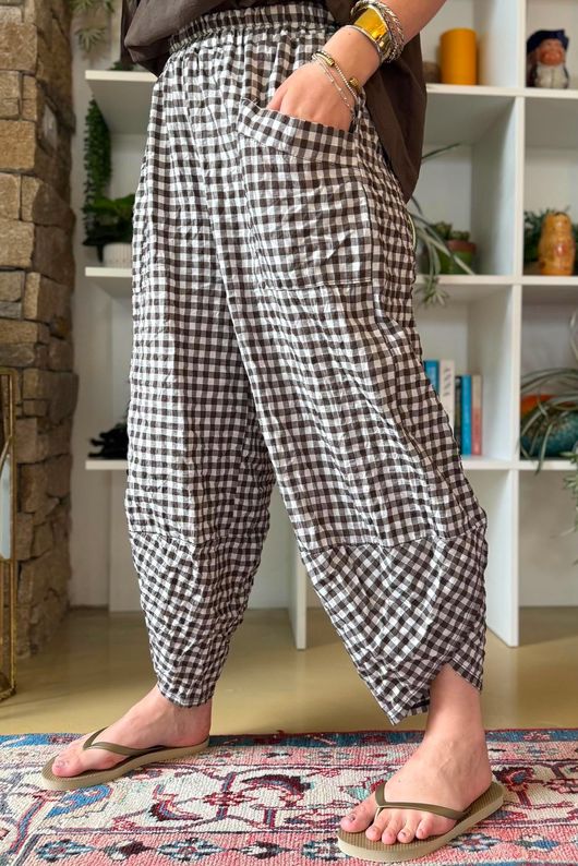 Nonni Gingham Shelby Barrel Pant Chocolate