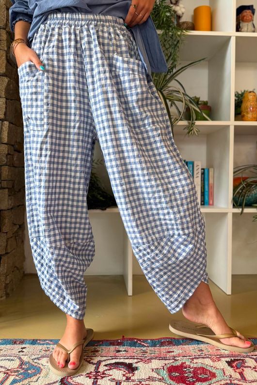 Nonni Gingham Shelby Barrel Pant Denim