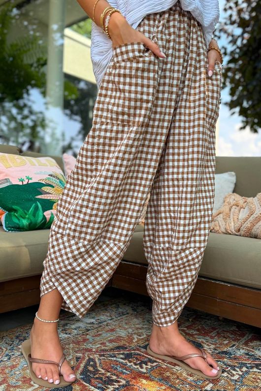 Nonni Gingham Shelby Barrel Pant Hazelnut