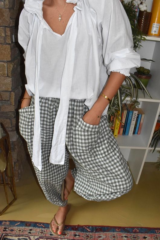 Nonni Gingham Shelby Barrel Pant Khaki