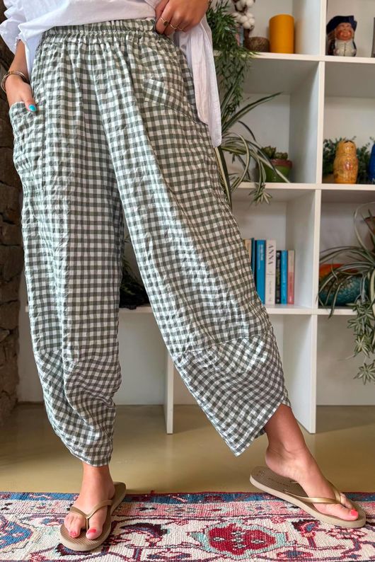 Nonni Gingham Shelby Barrel Pant Khaki