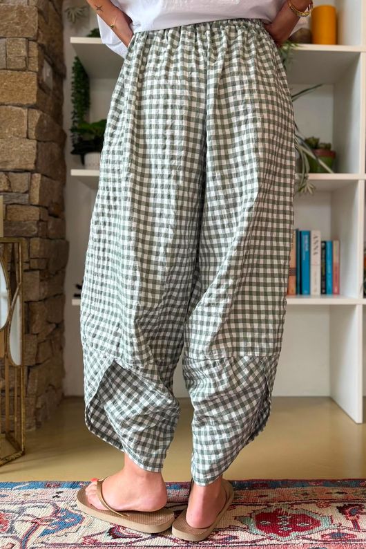 Nonni Gingham Shelby Barrel Pant Khaki