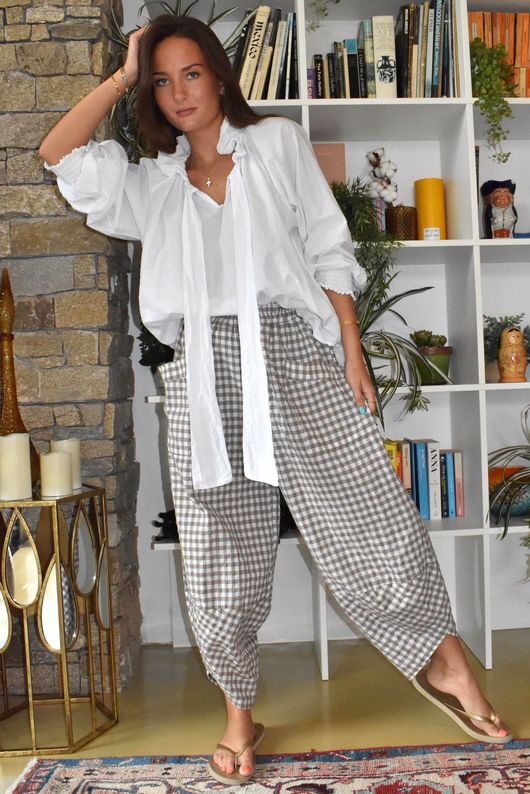 Nonni Gingham Shelby Barrel Pant Mocha