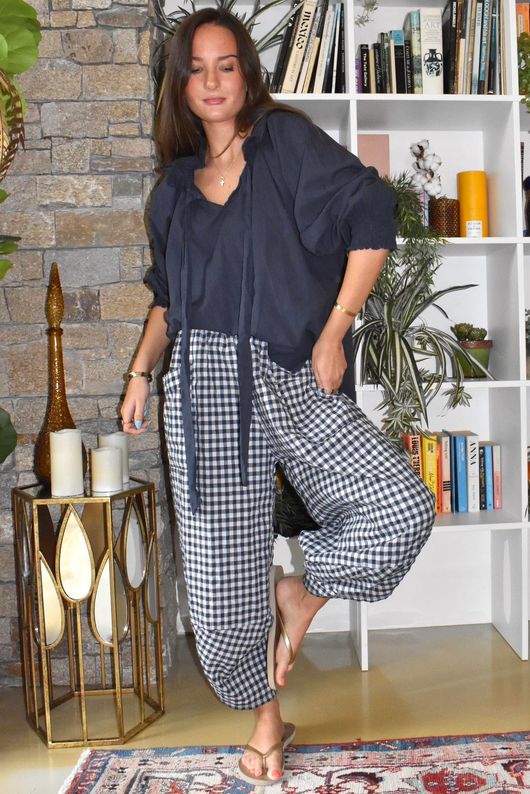 Nonni Gingham Shelby Barrel Pant Navy