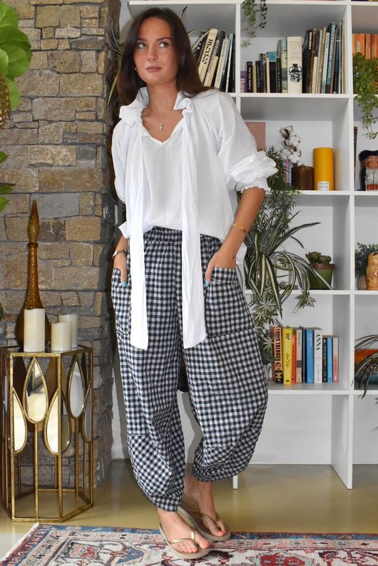 Nonni Gingham Shelby Barrel Pant Navy