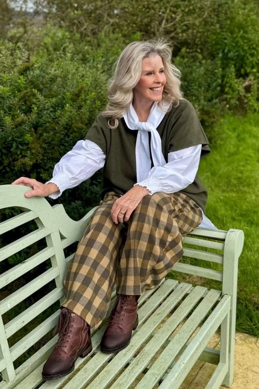 Nora Brushed Cotton Gingham Classic Barrel Pant Deep Olive
