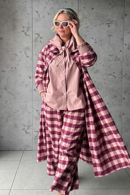Nora Brushed Cotton Gingham Frock Coat Aubergine