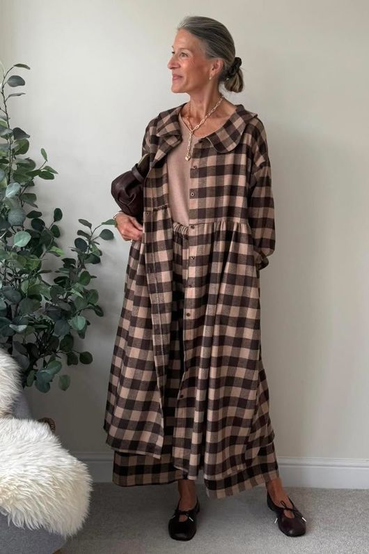 Nora Brushed Cotton Gingham Frock Coat Coffee Bean