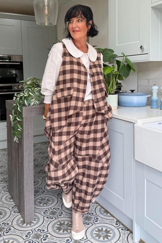 Nora Brushed Cotton Gingham Trapeze Waistcoat Coffee Bean