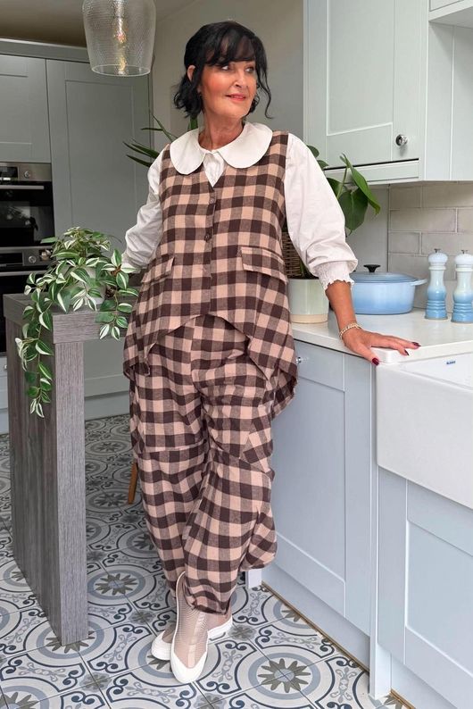 Nora Brushed Cotton Gingham Trapeze Waistcoat Coffee Bean