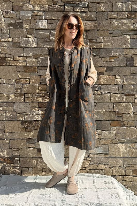 Oriental Bloom Longline Gilet Jacket Navy 