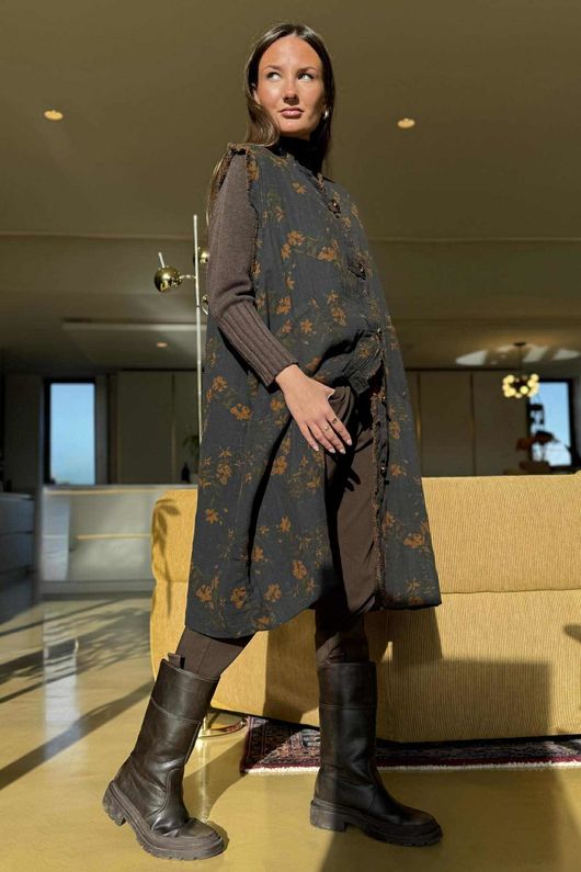 Oriental Bloom Longline Gilet Jacket Navy