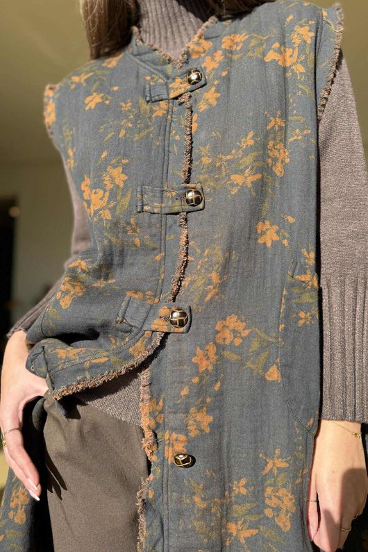 Oriental Bloom Longline Gilet Jacket Navy