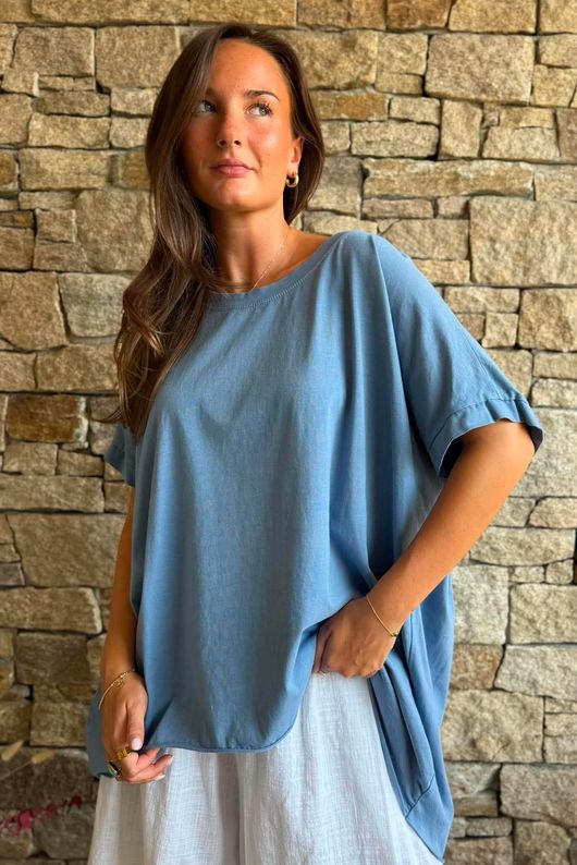 Oversized Stretch Cotton Cap Sleeve Tee Denim