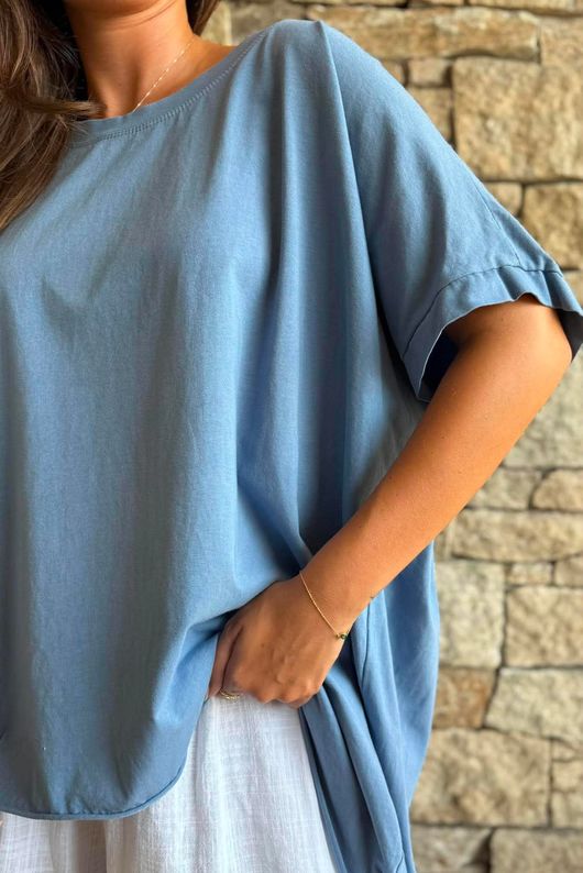 Oversized Stretch Cotton Cap Sleeve Tee Denim