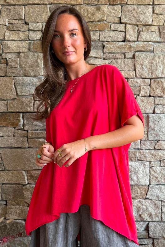 Oversized Stretch Cotton Cap Sleeve Tee Chilli