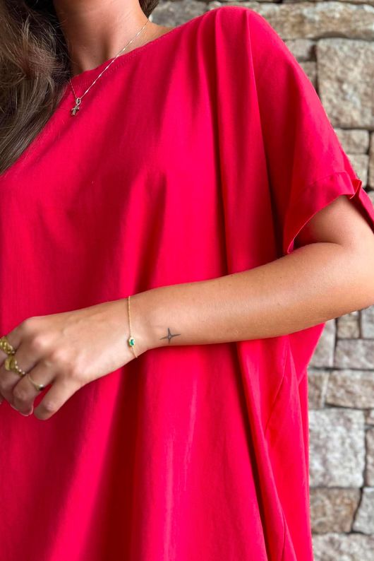 Oversized Stretch Cotton Cap Sleeve Tee Chilli