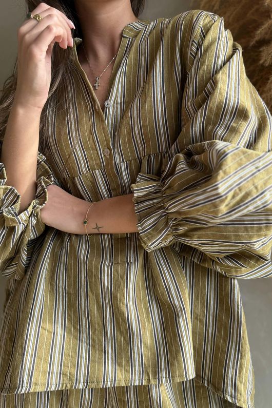 Padstow Stripe Smock Blouse Deep Moss