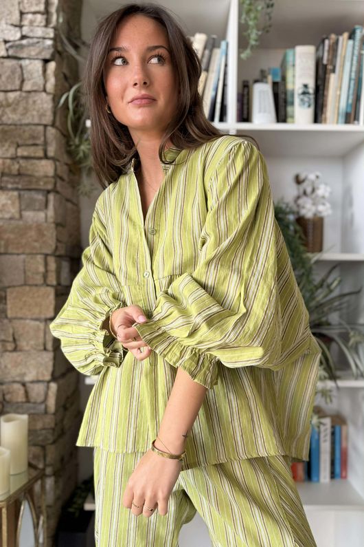 Padstow Stripe Smock Blouse Olive /20 Pre order 10 days 