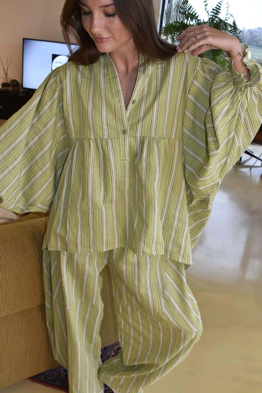 Padstow Stripe Smock Blouse Olive