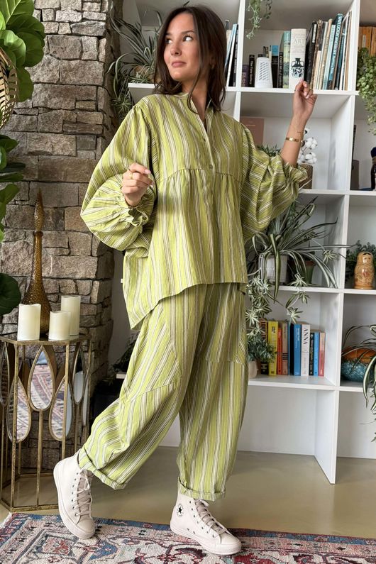 Padstow Stripe Smock Blouse Olive